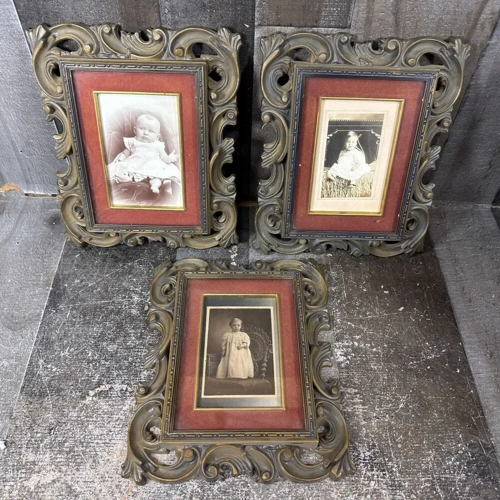 VTG Frame Antique Baby Photos‎ Ornate Cute Creepy Pictures Children